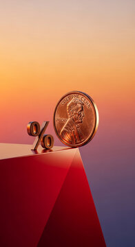 Close-up of a cent coin and percent sign on a geometric shape, symbolizing finance, investment, economy, and monetary policy or rate increase