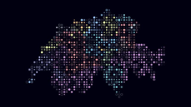 Switzerland map animation. Shape of the country with pulsating colored dots. Small size circle blocks. Digital style Switzerland map on dark background. Abstract video.