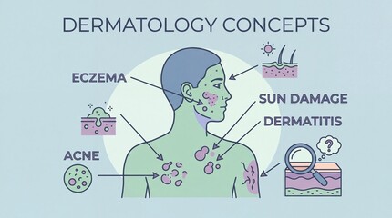 Obraz premium Dermatology concepts illustration showing eczema, sun damage, dermatitis, and acne on human skin, highlighting various skin problems with labeled diagrams and medical icons