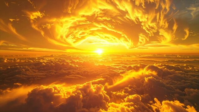 A vibrant sunset paints the sky with fiery golds and yellows, illuminating clouds below