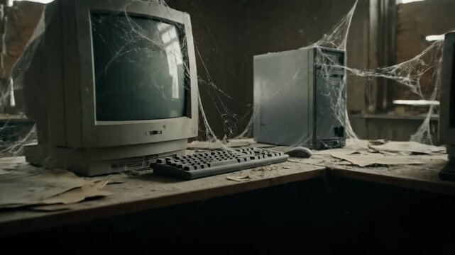 A dusty, abandoned office space, marked by time. Desks with outdated computers are covered in cobwebs. A solitary chair sits unused, in a bleak, forgotten environment