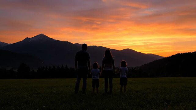 A family silhouette stands watching an orange and gold sunset behind mountains, casting a long shadow on the grassy foreground
