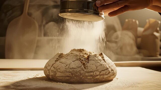 Baker Sifting Flour Over Crusty Bread Loaf in Bakery Setting
