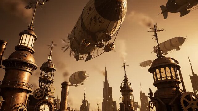 A fantastical city with steampunk aesthetics, blimps flying overhead