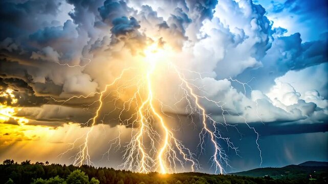 Dramatic image of lightning bolts piercing through a stormy sky over a treeline