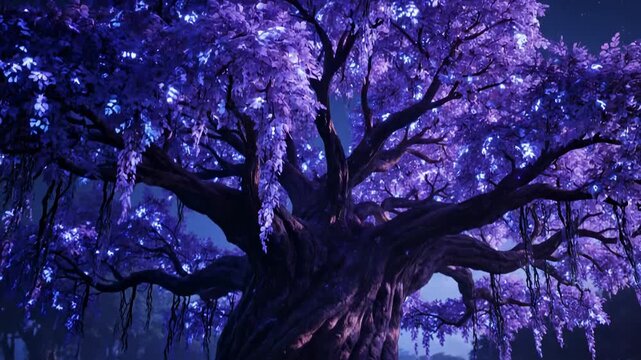 A fantastical, glowing purple tree with cascading branches in a mystical forest. The trunk is textured with shadows, and other trees are in the background