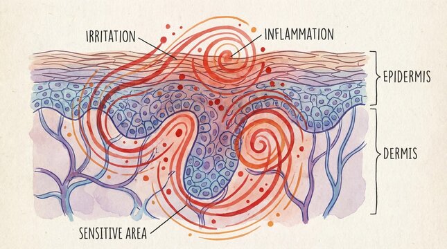 Skin surface indentation with irritation, inflammation, and sensitive area, showing damaged cells in epidermis and dermis, medical illustration, problem skin concept
