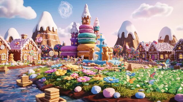 A fantasy candy world features gingerbread houses and a whimsical scene