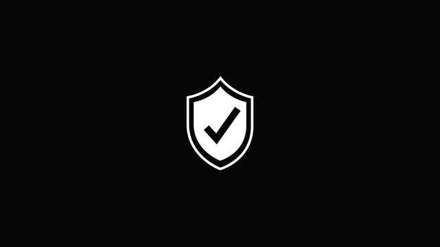 white outline shield with a check mark symbol on a Black background tick security.