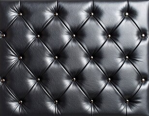 Naklejka premium Close-up of black, tufted, diamond-patterned upholstery. Shiny metal buttons sink into a slightly textured leather surface. Elegant, luxurious design