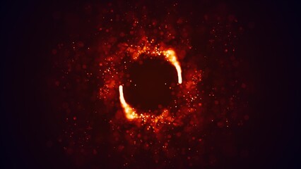 Abstract orange fiery lines and cyclic circles with energy magic sparks from particles, abstract background © Bolbik