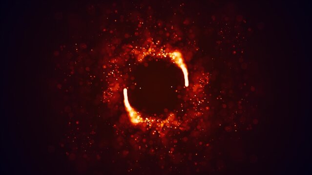 Abstract orange fiery lines and cyclic circles with energy magic sparks from particles, abstract background