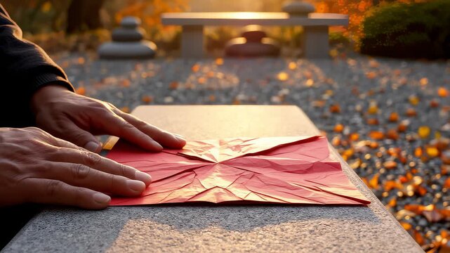 Man Carefully Folds Red Paper Into Origami Crane in Autumn Garden