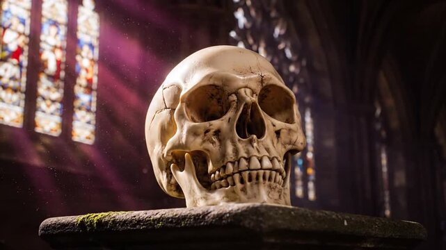 Human Skull on Stone Pedestal With Sunlight From Stained Glass Window in Gothic Architecture Building for Historical or