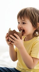 Joyful Child Eating Chocolate Egg at Home &ndash; Indoor Lifestyle Moment with Sweet Treats