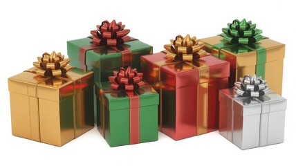 Obraz premium Colorful gift boxes neatly arranged with festive holiday ribbons and bows.
