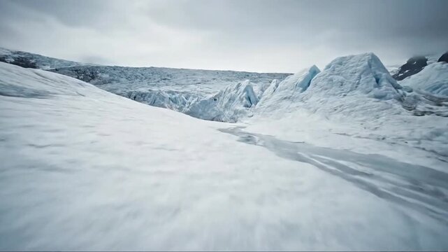 Close-Up Glacial Surface Texture A very close-up, ground-level shot focusing on the fine, intricate grain and texture of the glacial ice. The colors are muted and subtle. A gentle, almost