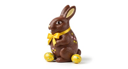 Easter Celebration, Chocolate Bunny, Festive Setting, Product Photography, Colorful Environment, Close-Up View, Fun Concept