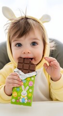 Cute Baby in Bunny Costume with Colorful Wrapper in Bright Indoor Setting
