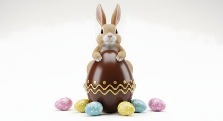 Easter Celebration, Chocolate Bunny, Festive Setup, Dessert Art, Bright Atmosphere, Close-Up View, Sweet Delight
