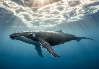 Naklejka premium Majestic Humpback Whale Swimming Through Sun Drenched Blue Water Beneath A Shimmering Ocean Surface