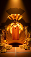 A golden bag with stacks of golden coin, and a wooden sign, symbolizing wealth, prosperity, and opportunity, suitable for finance or investment concept