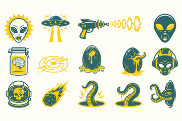 Retro Sci-Fi and Horror Vector Icons Set Aliens, UFOs, and Monsters