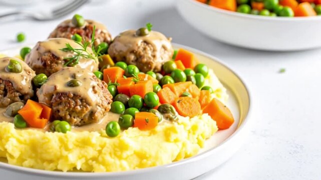 K&ouml;nigsberger Klopse in cremiger Kapernsauce, serviert mit Kartoffelp&uuml;ree und Erbsen-M&ouml;hren-Gem&uuml;se.
