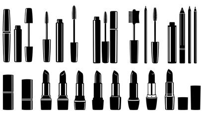 Obraz premium Collection of various cosmetic products including lipsticks, mascaras, and eyeliners arranged neatly, showcasing beauty essentials for makeup enthusiasts and professionals in a stylish layout