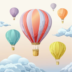 Obraz premium Vibrant hot air balloons soar through sunny sky with fluffy clouds