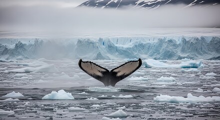 Fototapeta premium Majestic humpback whale tail fluke diving into the icy waters of Greenland, surrounded by floating icebergs and a massive glacier wall under a misty arctic sky.