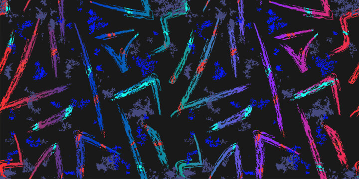 Vector abstract neon sporty seamless pattern. Urban street art style background with grunge shapes, spots, brush strokes, lines. Funky texture with colorful ink stains on black. Trendy repeated design