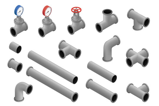 Pipes and fittings with a valve, tap and faucet for water supply and sewerage. Isometric mockup isolated on a white background. Vector 3D illustration.