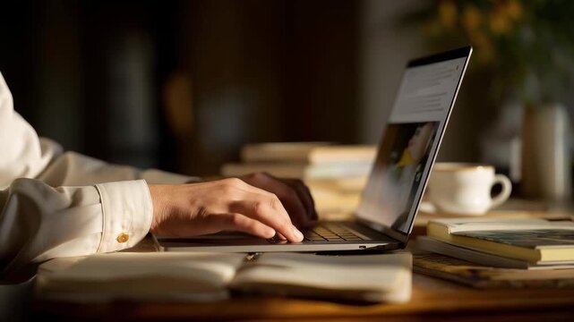 An elegant workspace scene showcasing a person using an online shopping platform on a sleek laptop, surrounded by notebooks and coffee, indicating the blend of work and recreational shopping.