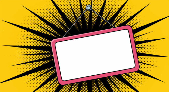 Vibrant pop art background with a blank pink hanging sign for your message.