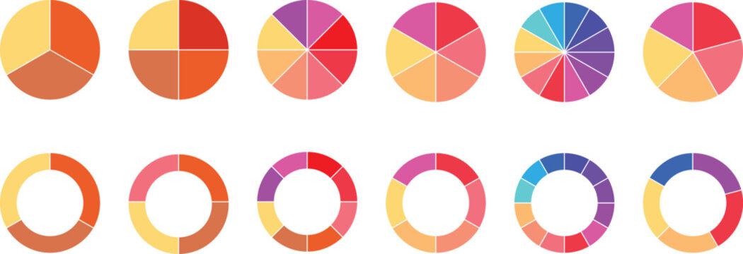 Pie chart set. Colorful diagram collection with 3,4,8,6,12,5 sections or steps. Circle icons for infographic, UI, web design, business presentation. Vector illustration.