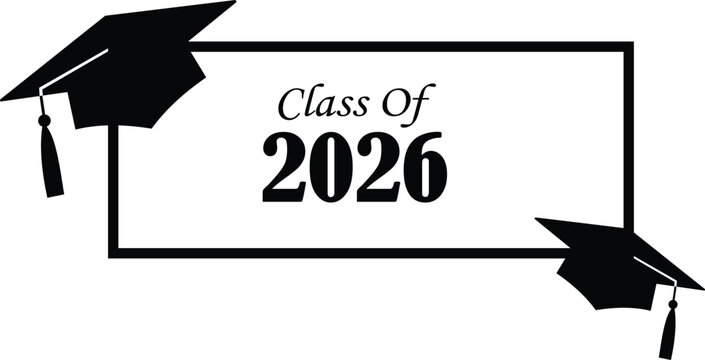 Class of 2026 graduation badge with mortarboard caps and rectangular frame illustration
