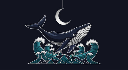 Fototapeta premium Whale Leaping from Ocean Waves Under a Crescent Moon Illustration