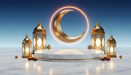 A Ramadan-themed 3D render featuring a marble podium, golden crescent moon, and ornate lanterns against a gradient blue sky.