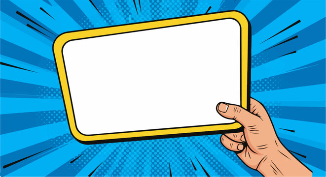 Pop art hand holding blank comic speech bubble on vibrant blue background.