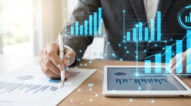 Professional Analyzing Business Growth Data with Digital Tablet & Augmented Reality Graphs: Financial Planning & Market Strategy