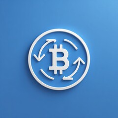 Obraz premium White Bitcoin cryptocurrency symbol with circular arrows on a bright blue background representing the digital finance and technology behind the virtual currency