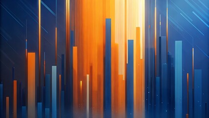 Obraz premium Abstract Digital Cityscape With Glowing Orange Light Streaks And Blue Geometric Bars