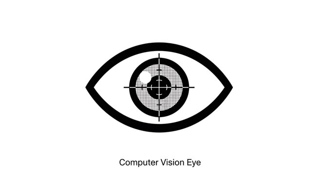 A vector graphic illustration of a computer vision eye with a crosshair and grid pattern