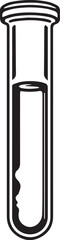 A detailed black and white illustration of a single test tube filled with liquid and something unusual at the bottom, symbolizing science, experimentation, and discovery.