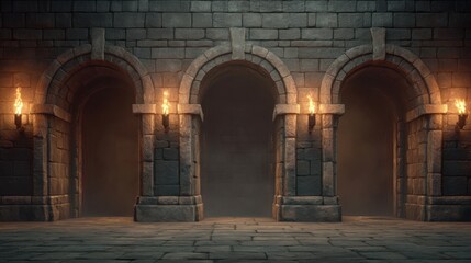 Obraz premium Dark Fantasy Cinematic Background with Arched Stone Walls and Flickering Torches