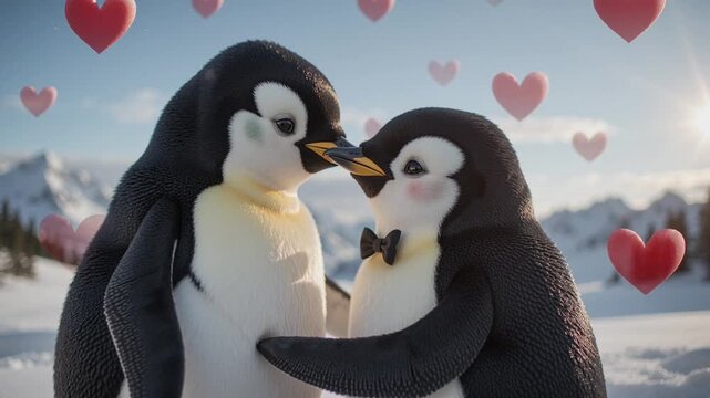 Penguins gently sway together in snowy landscape with heart decor, romantic 3D animation, static eyelevel copy space by Generative AI