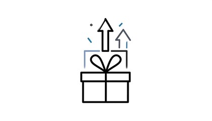 Line-art illustration of a gift box with a bow, arrows emerging upward, and festive confetti