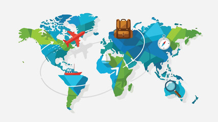 Obraz premium A colorful world map illustration, planes, boat, backpack, and compass