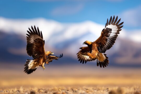 Two Golden Eagles Battling Mid Air for Single Prey Against Stunning Mountain Background